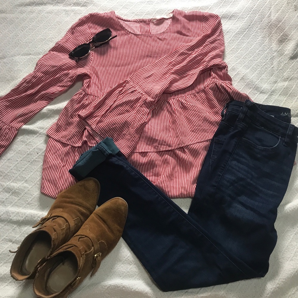 Red and White Pinstripe Flare Shirt